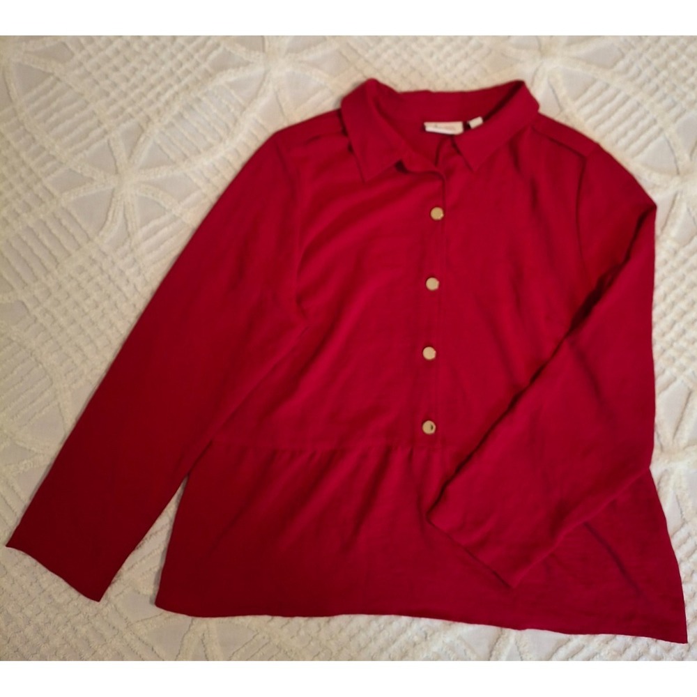 Denim & Co Womens Large Button Down Blouse Red Peplum Long Sleeve Epaulet Collar